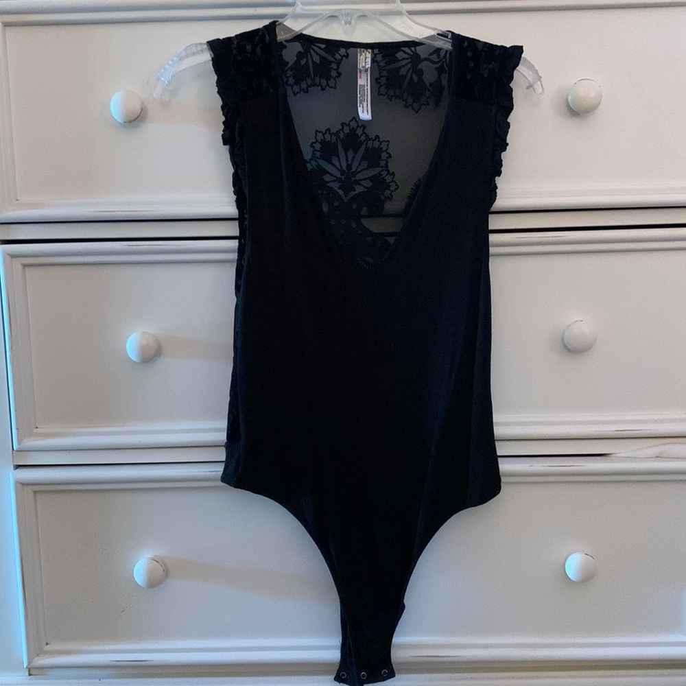 Free People black velvet lace thong bodysuit